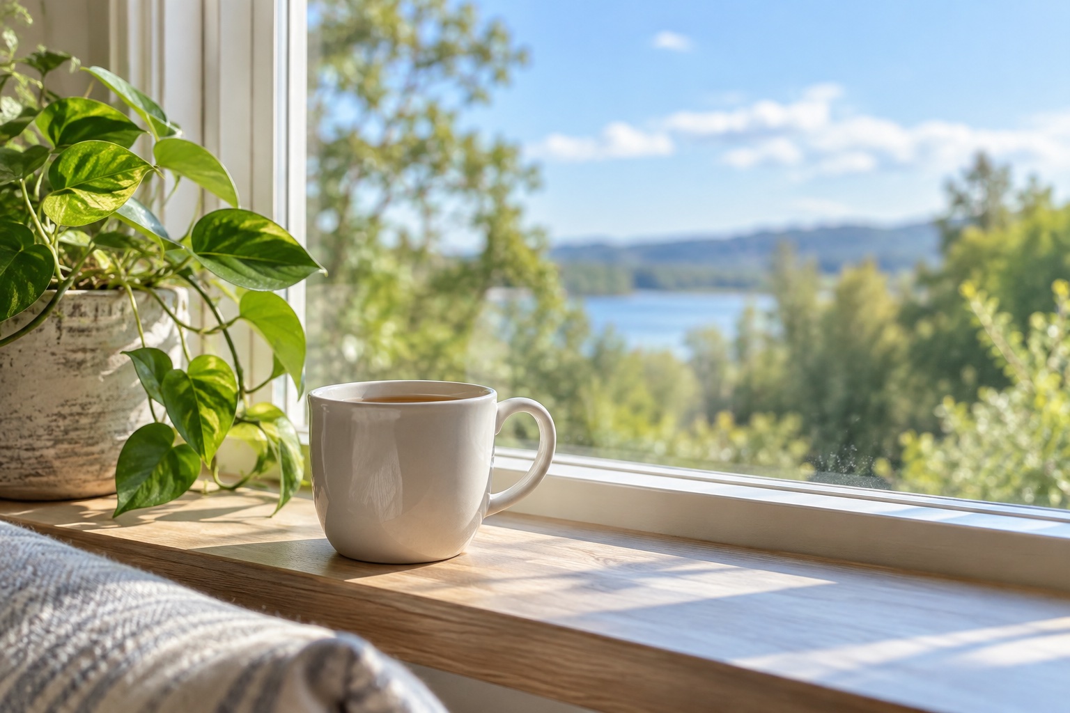 A white mug and leafy plant beside a sunlit window overlooking trees.