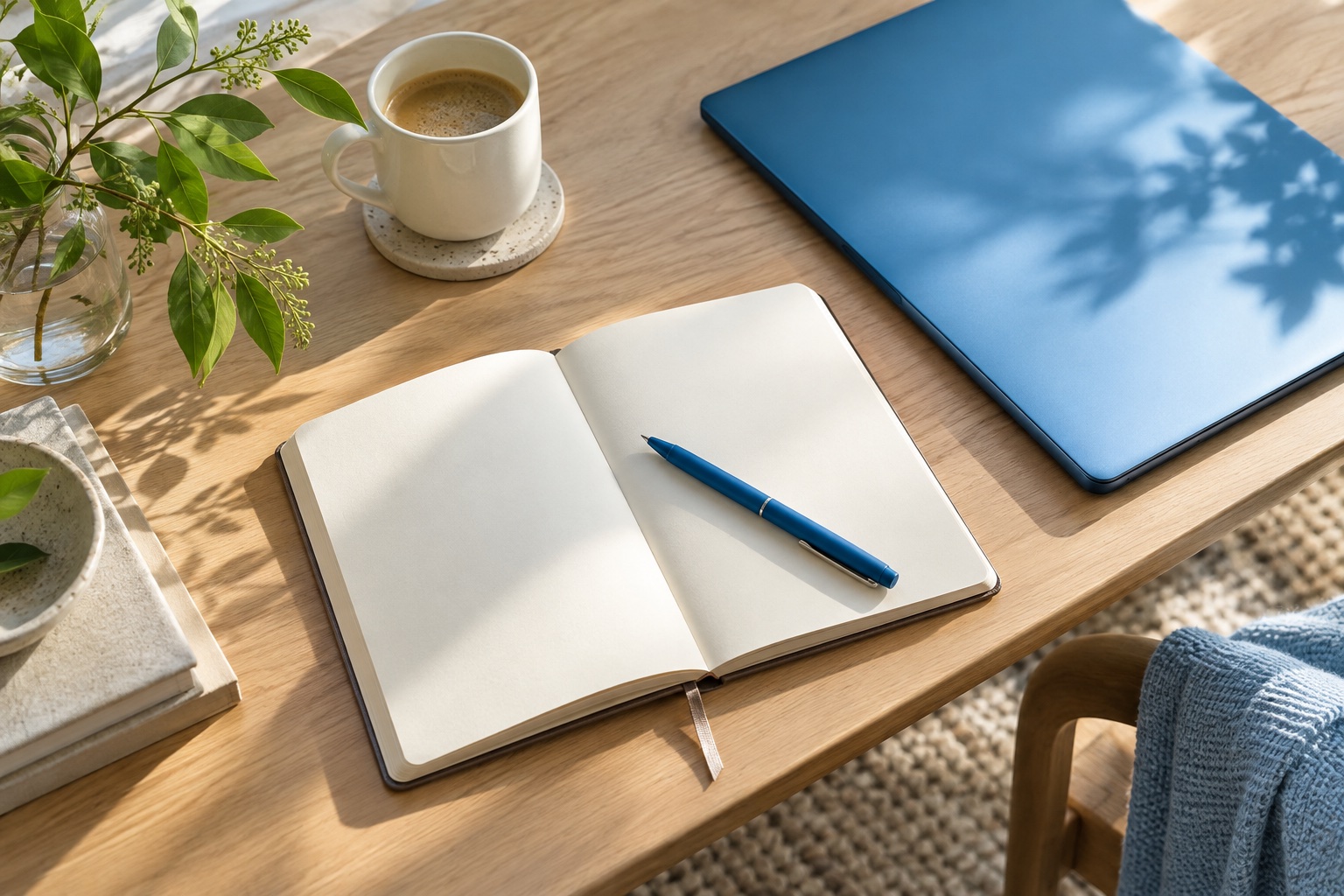 An open notebook, blue pen, laptop and coffee on a sunlit wooden planning desk.