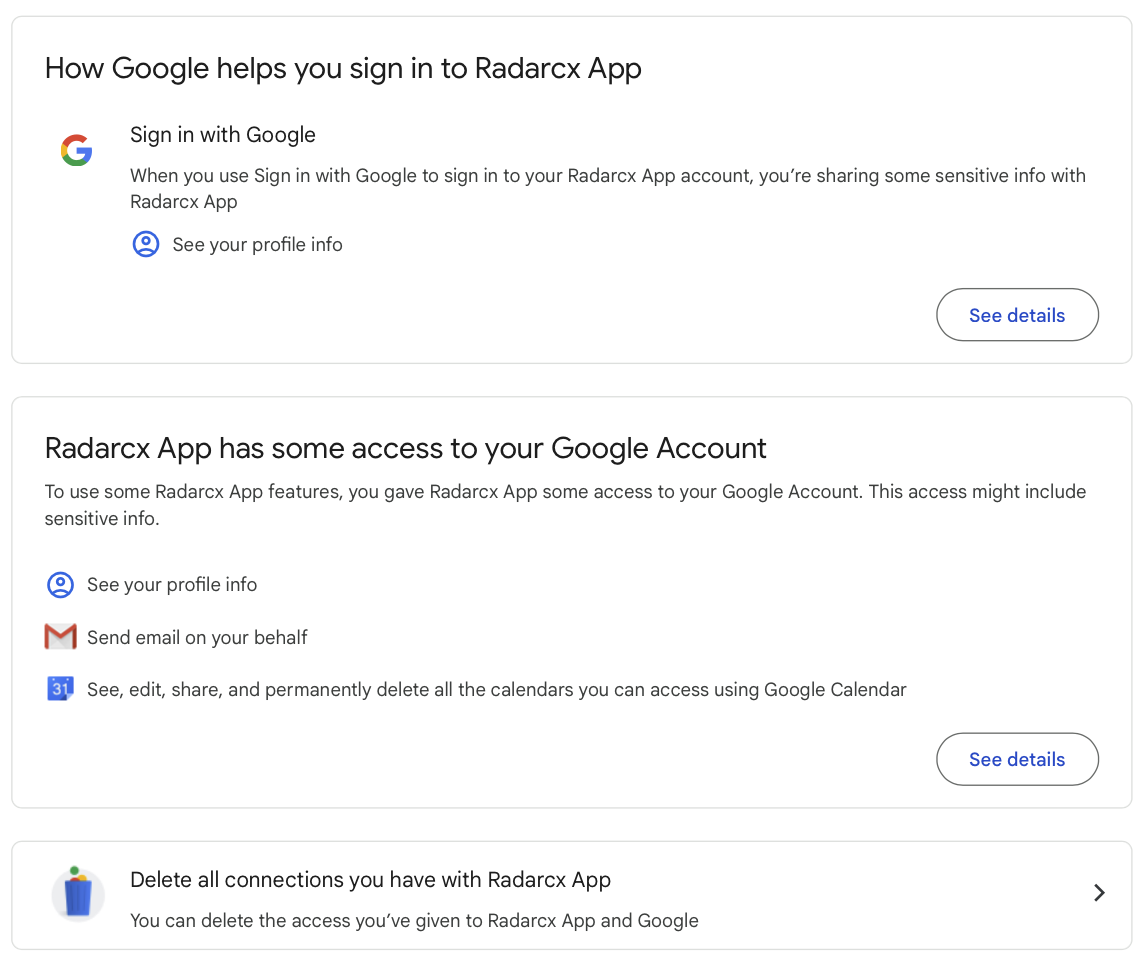 Steps to revoke RadarCX access from Google Account
